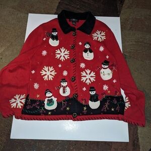 Vintage Ugly Christmas Snowman Embroidered Knit Cardigan  Sweater Winter Size L